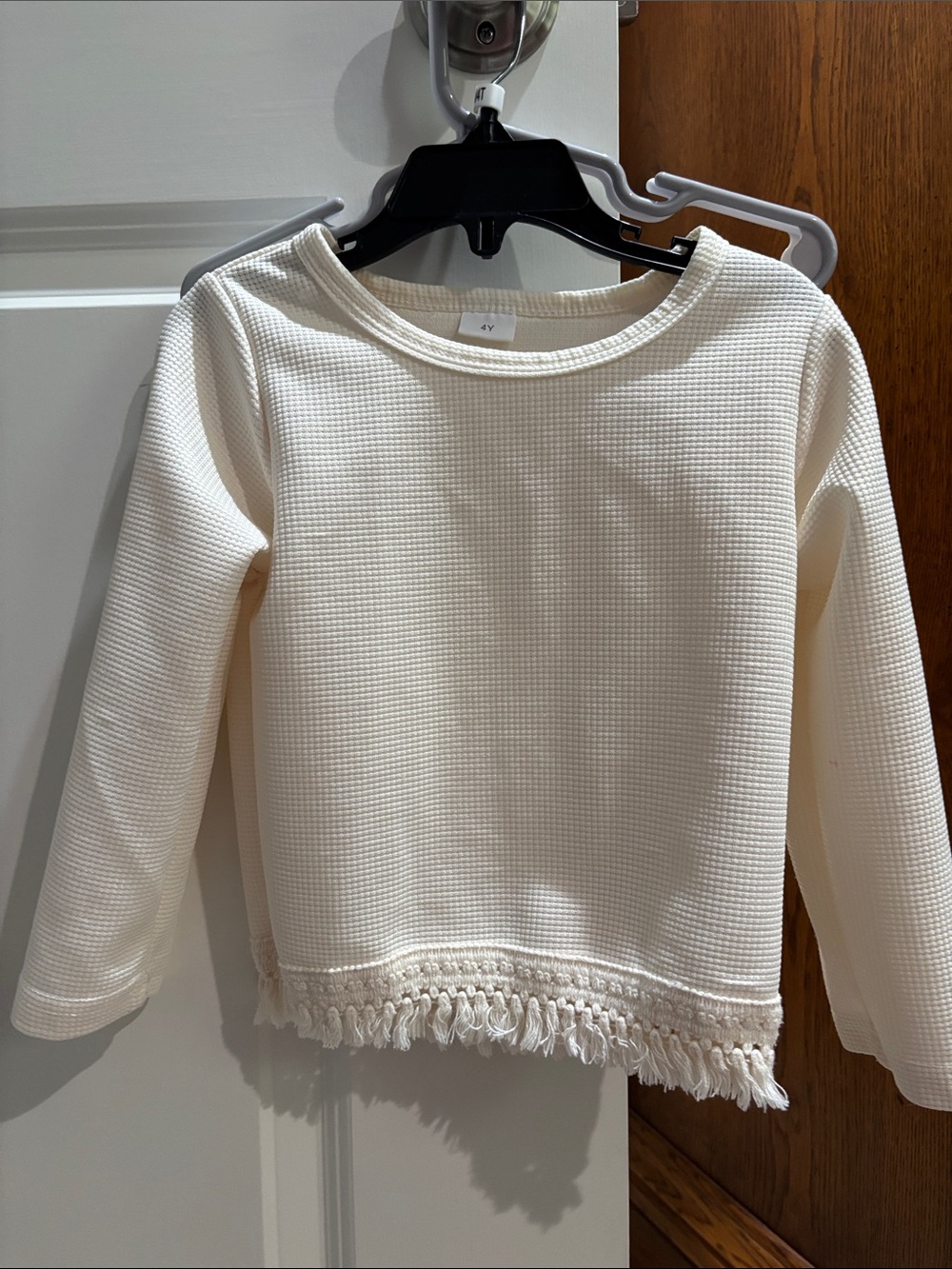 Girls' Ivory Waffle Knit Long-Sleeve Top with Fringe